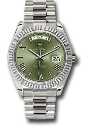 Replica Rolex White Gold Day-Date 40 Watch 228239 Fluted Bezel Olive Green Bevelled Roman Dial President Bracelet